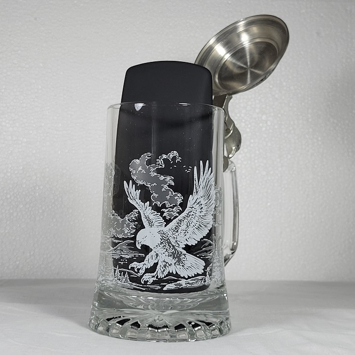 Glass Stein with Etched Eagle FIYE Pewter Lid Italy