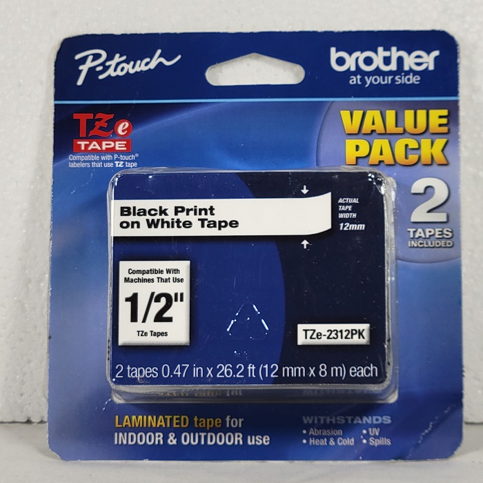 2-Pack – Genuine Brother Tze-2312PK – 12mm ½” Black on White P-Touch TZ Tape