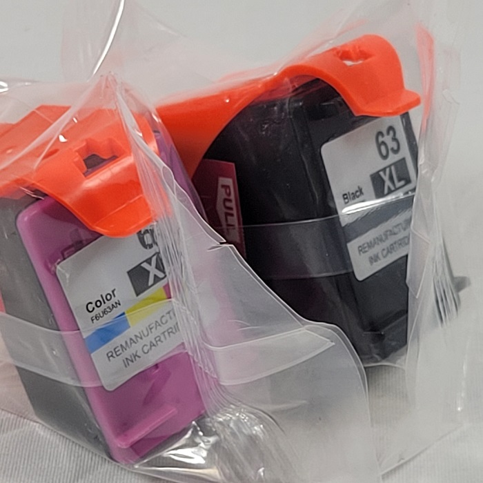 Black Ink and Tri Color Remanufactuered Cartridges for 63XL Compatible with HP NOT-OEM Unbranded NO BOX Sealed-Right Front Corner